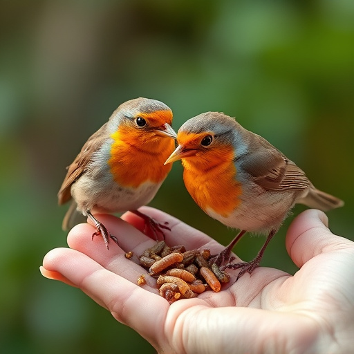 Robins eating mealworms from hand
