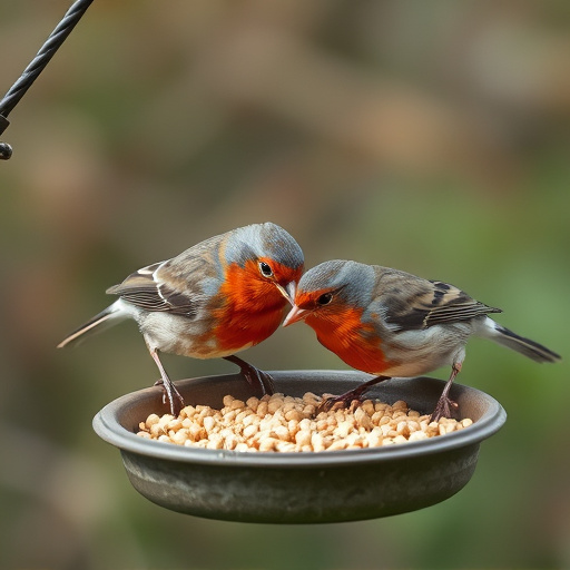 Robins eating suet pellets from tray