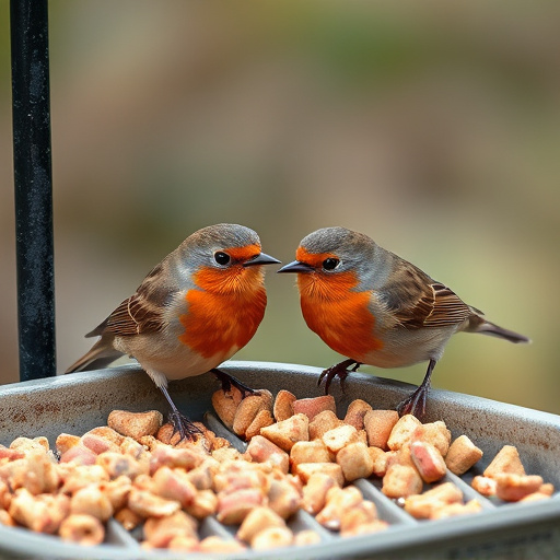 Robins eating suet pellets from tray