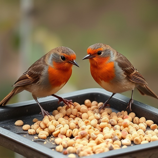 Robins eating suet pellets from tray