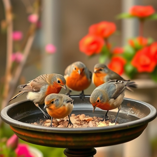 Robins feeding on low garden tray