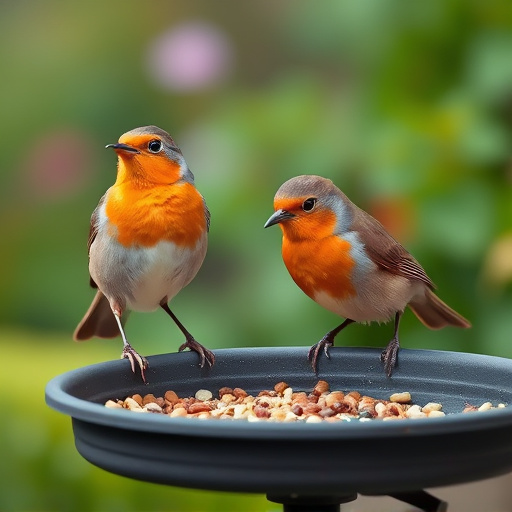 Robins feeding on low garden tray