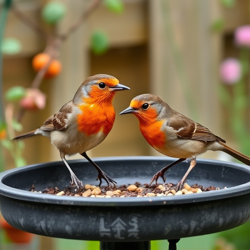 Robins feeding on low garden tray