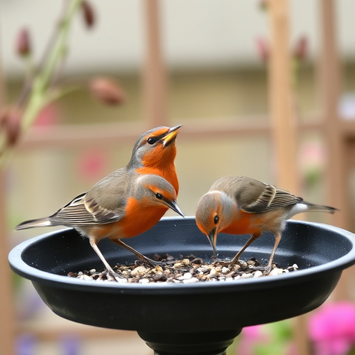 Robins feeding on low garden tray