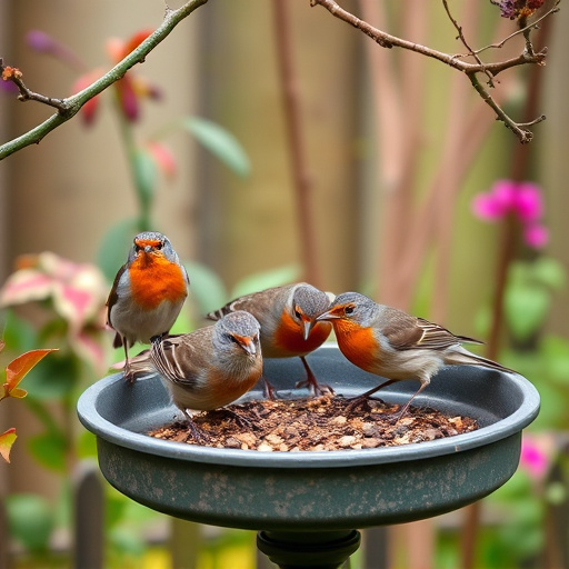 Robins feeding on low garden tray