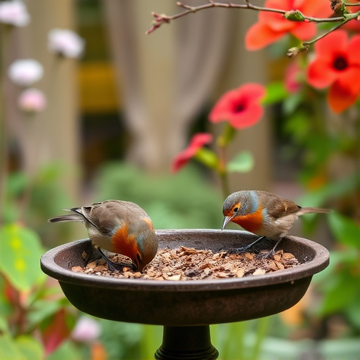 Robins feeding on low garden tray