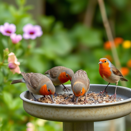 Robins feeding on low garden tray