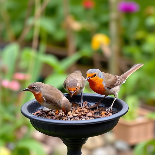Robins feeding on low garden tray