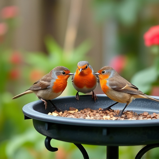 Robins feeding on low garden tray