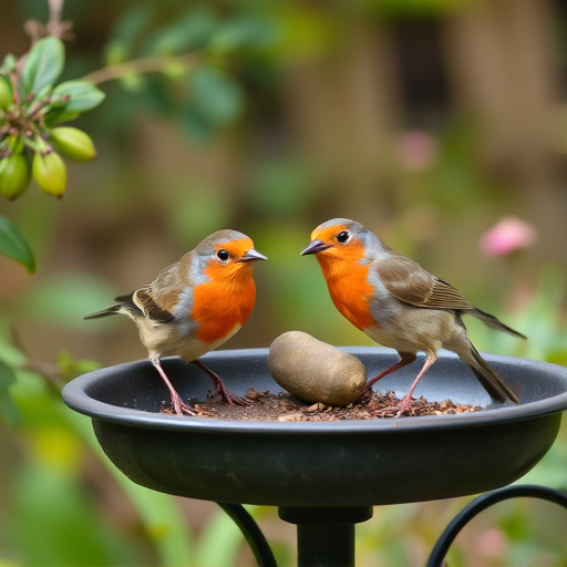 Robins feeding on low garden tray