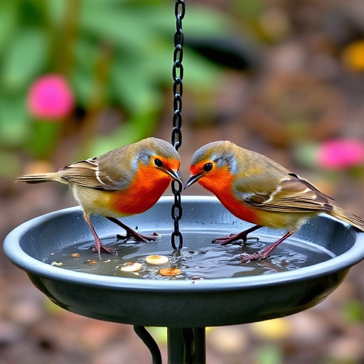 Robins feeding on low garden tray