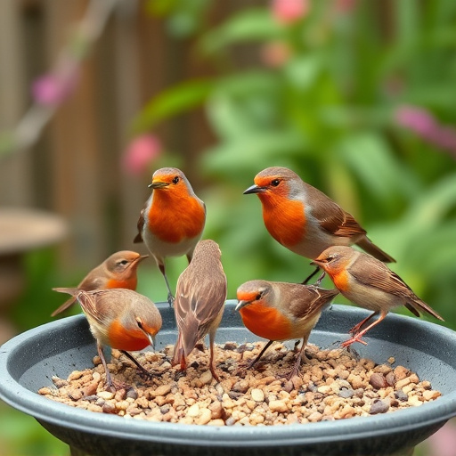 Robins feeding on low garden tray