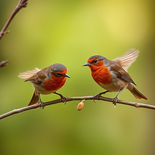 Robins pecking at scattered seed