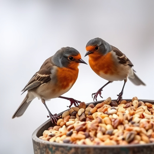 Robins pecking at scattered seed