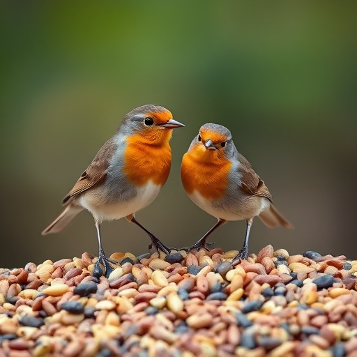 Robins pecking at scattered seed