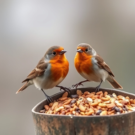 Robins pecking at scattered seed