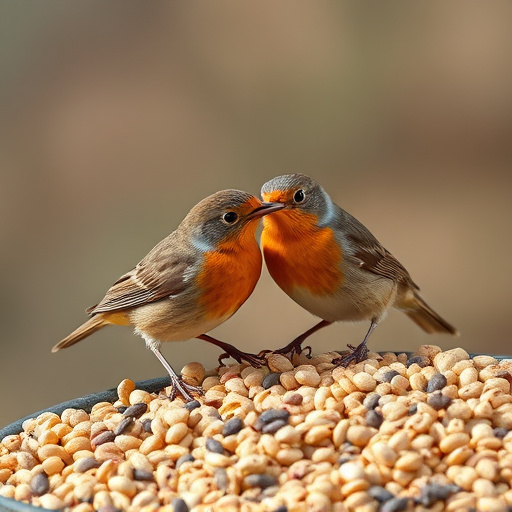 Robins pecking at scattered seed