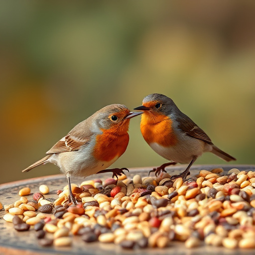 Robins pecking at scattered seed
