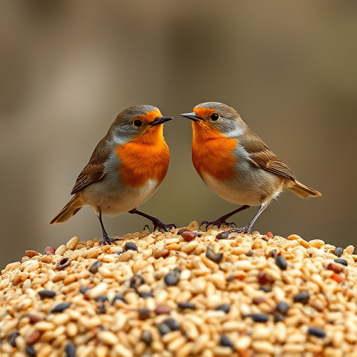 Robins pecking at scattered seed
