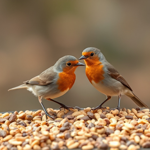 Robins pecking at scattered seed