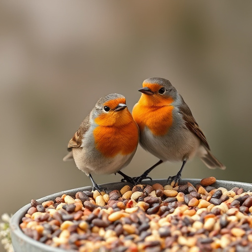 Robins pecking at scattered seed