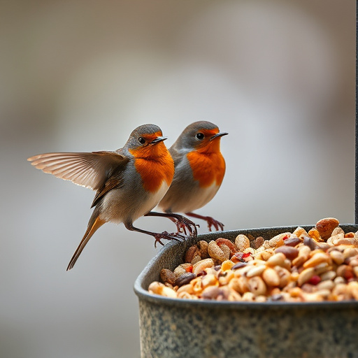 Robins pecking at scattered seed