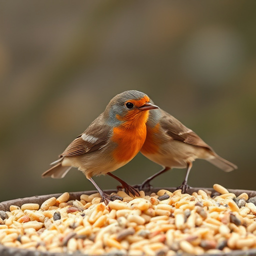 Robins pecking at scattered seed