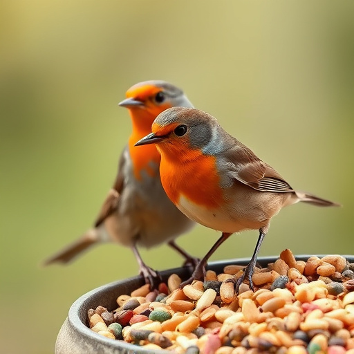 Robins pecking at scattered seed