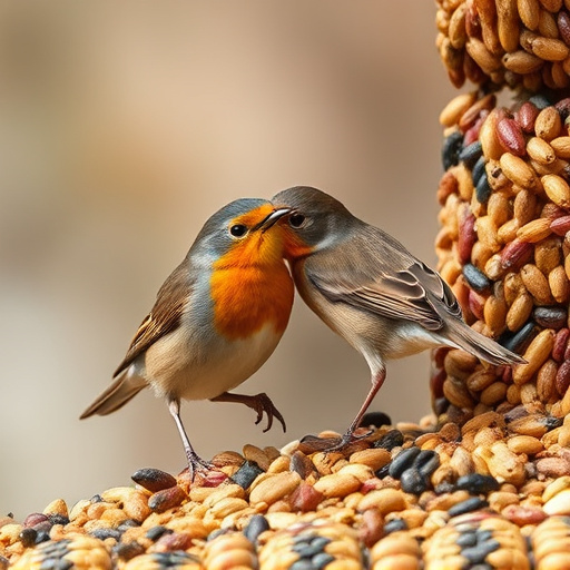 Robins pecking at scattered seed