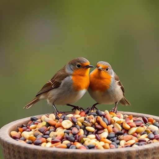 Robins pecking at scattered seed