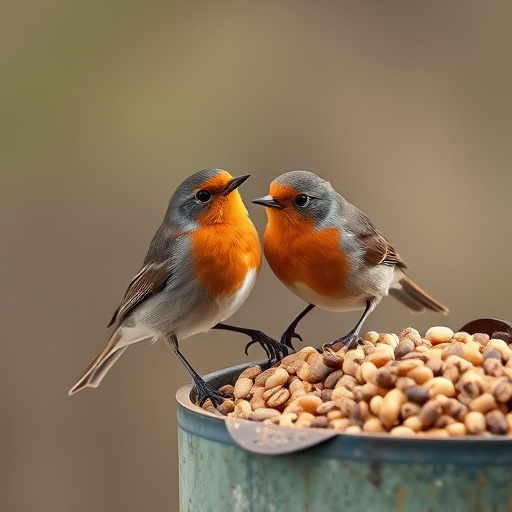 Robins pecking at scattered seed