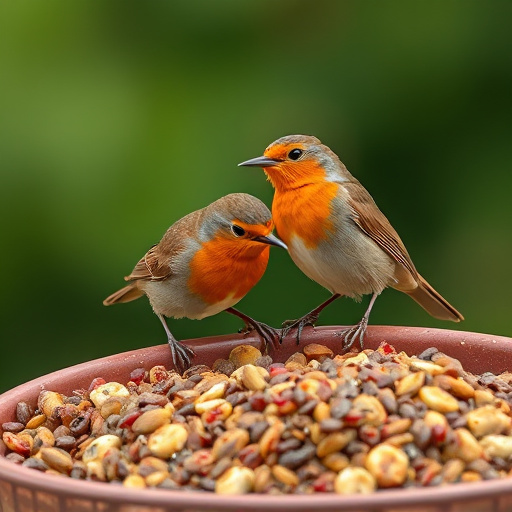Robins pecking at scattered seed