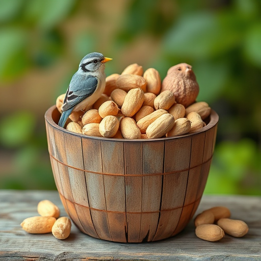 Rustic container filled with bird peanuts