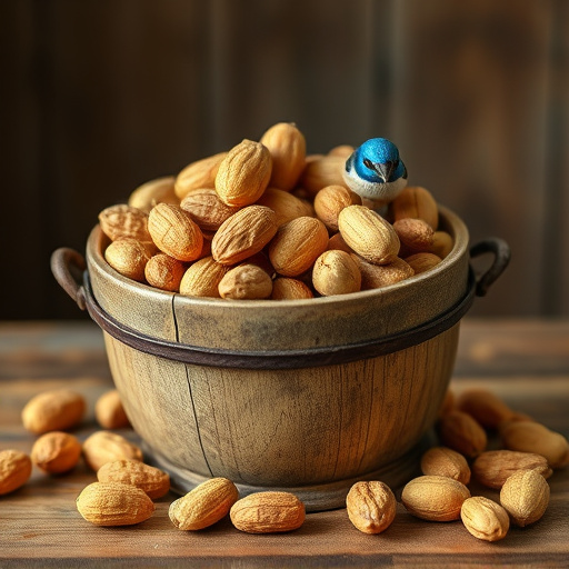 Rustic container filled with bird peanuts