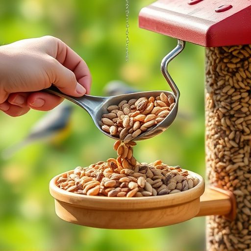 Scoop pouring seeds into bird feeder
