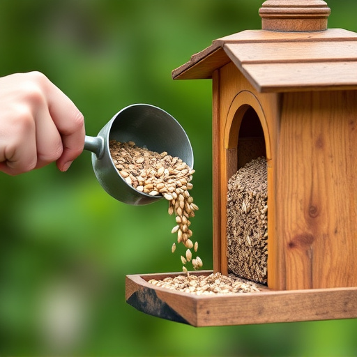 Scoop pouring seeds into bird feeder