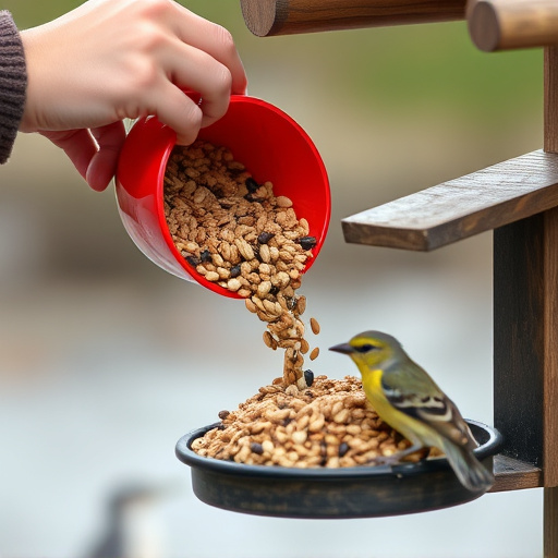 Scoop pouring seeds into bird feeder