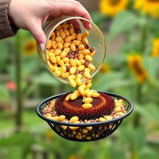Scoop pouring sunflower hearts into feeder