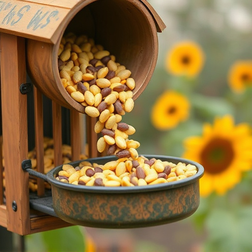 Scoop pouring sunflower hearts into feeder