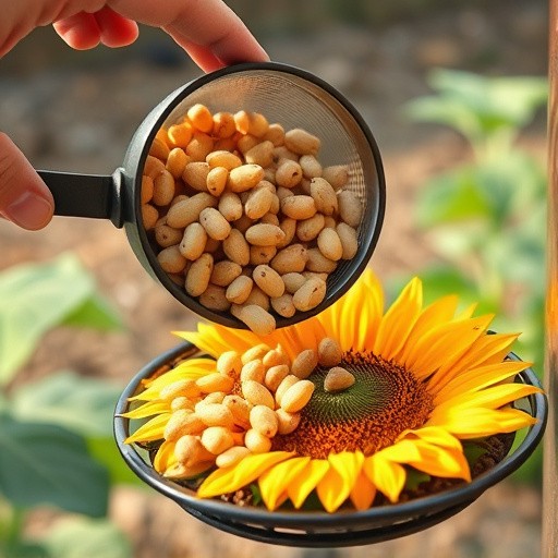 Scoop pouring sunflower hearts into feeder