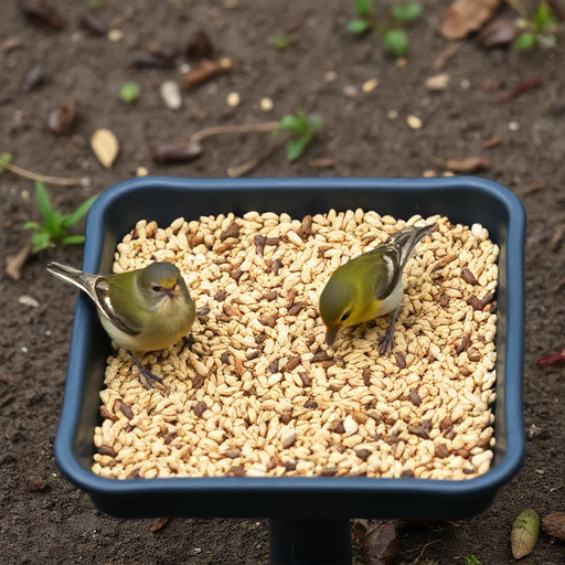 Seed-filled tray for ground-feeding birds