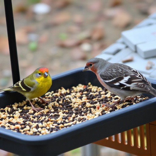 Seed-filled tray for ground-feeding birds