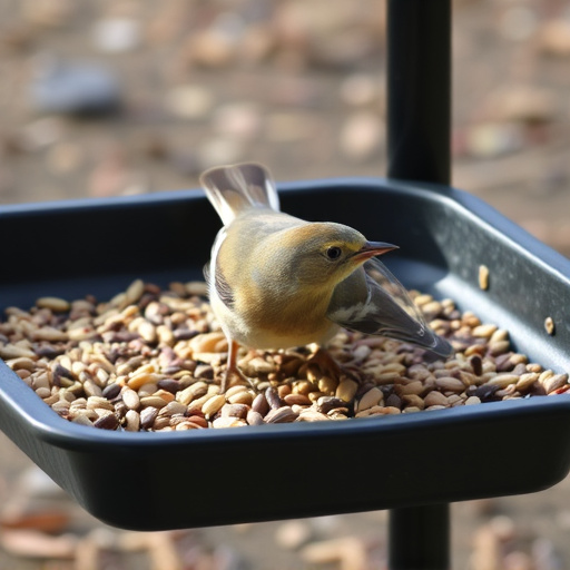 Seed-filled tray for ground-feeding birds