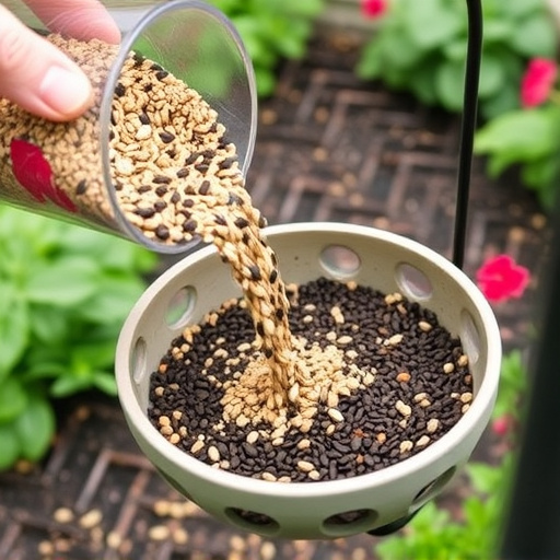 Seed mix poured into garden feeder