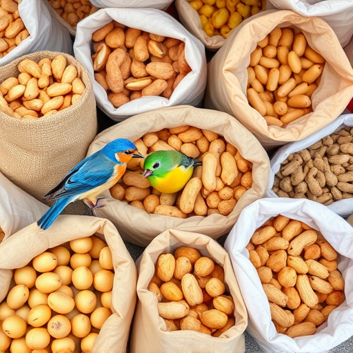 Selection of bird peanuts in bags