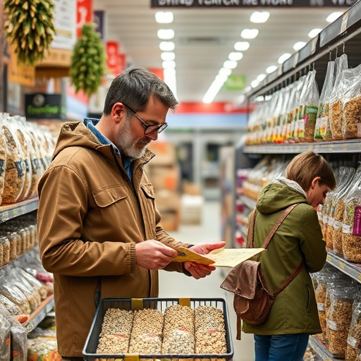 Shopper comparing bird seed prices