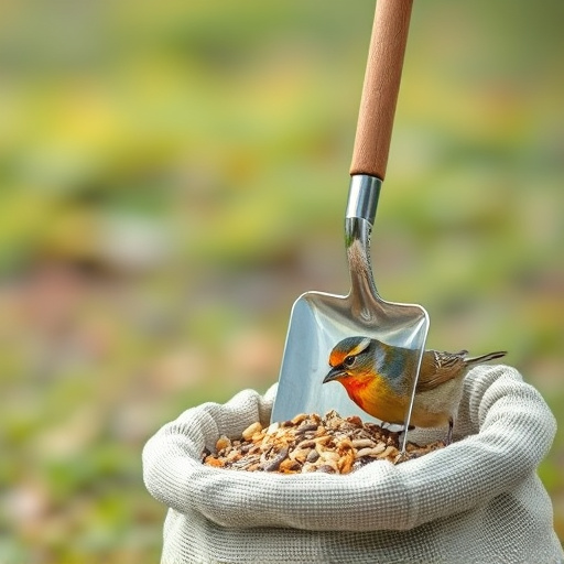 Shovel scooping bird seed from sack