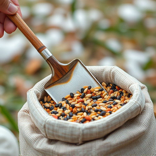 Shovel scooping bird seed from sack