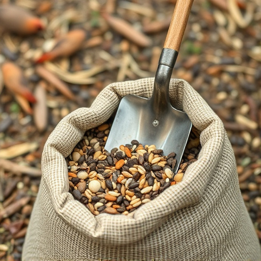 Shovel scooping bird seed from sack