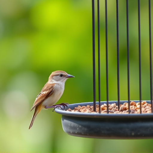 Small bird feeding at cage feeder